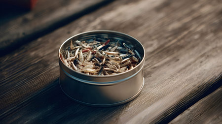 Small fish and artificial lures filling a round metallic container, sitting on a rustic wooden...