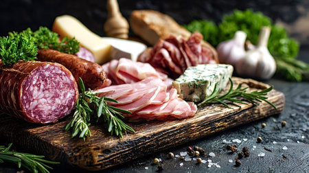 Assorted sliced salami, ham, and blue cheese board decorated with fresh rosemary sprigs, parsley,...