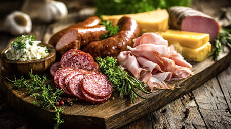 Assorted charcuterie board with sliced salami, ham, sausages and cheese blocks, garnished with...