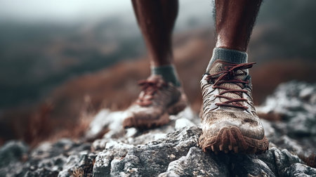 Athlete's running shoes getting muddy and wet while traversing rugged mountain rocks, showcasing dedication to endurance challenges and outdoor fitnessの写真素材