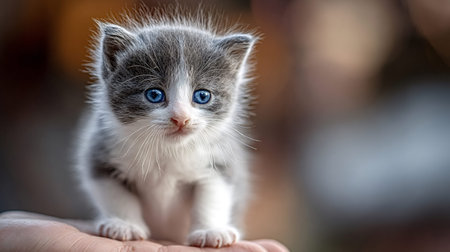 Adorable gray and white fluffy kitten with striking blue eyes standing on a person's hand, representing concepts of new life, protection, pet care, and companionshipの写真素材
