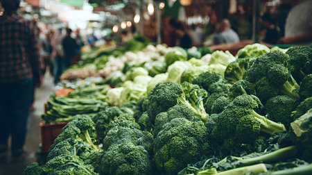 Freshly harvested green broccoli heads filling a stall at an outdoor grocery market, presenting a bounty of healthy organic produce for customers seeking nutritious foodの写真素材