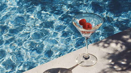 Martini glass with two red raspberries resting on the edge of a sparkling blue swimming pool, reflecting bright summer light and casting shadows, symbolizing luxury, relaxation, and vacationの写真素材