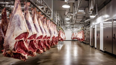 Beef carcasses hanging on steel hooks in a modern refrigerated processing facility, clean industrial cold storage for large scale meat production, hygiene and distributionの写真素材