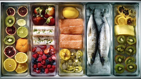 Assorted fresh ingredientswhole fish, salmon fillets, citrus slices, kiwi, strawberries and mixed berriesneatly arranged in clear refrigerated drawers for healthy meal prepの写真素材