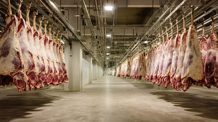 Beef carcasses hanging on overhead rails in a clean, dimly lit slaughterhouse and cold storage facility, illustrating industrial meat processing and refrigerated supply chainの写真素材