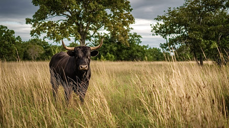 Black bull with curved horns standing in a tall dry grass meadow, looking directly at the viewer with trees and a cloudy sky in the background, representing resilience and natureの写真素材
