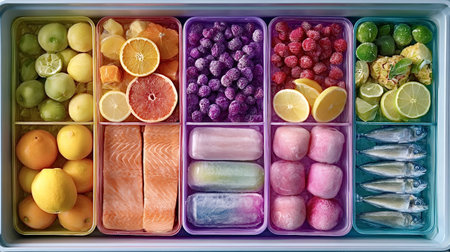 Fresh and healthy food items like berries, fruit, salmon, and fish are neatly organized in colorful containers as part of a frozen meal prep system, promoting healthy eating and storageの写真素材