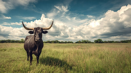 Black longhorn bull standing alone in a vast green pasture under a bright blue sky filled with white cumulus clouds, illustrating livestock farming and rural nature in wide open spacesの写真素材