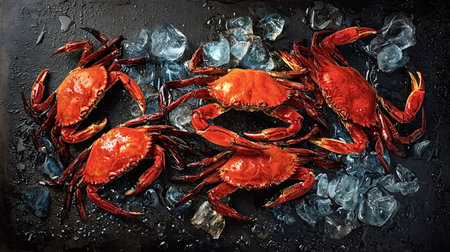 Multiple freshly cooked red crabs are presented on a bed of crushed ice, highlighting seafood freshness, gourmet cuisine ingredients, and a dark, elegant backgroundの写真素材