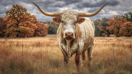 Texas longhorn cattle with impressive horns standing in an autumn pasture, surrounded by dry golden grass and trees displaying vibrant fall foliage under a cloudy skyの写真素材