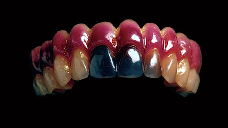 Dental plate model representing advanced tooth decay on the front teeth and severe gingivitis with...