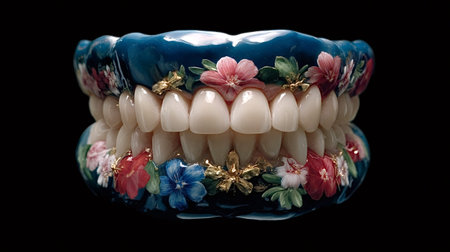 Dentures displaying intricate floral artwork and gold details, combining natural beauty with dental...