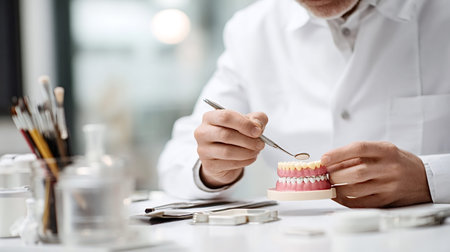 Dental technician wearing a white coat examining an artificial tooth model with a dental mirror,...