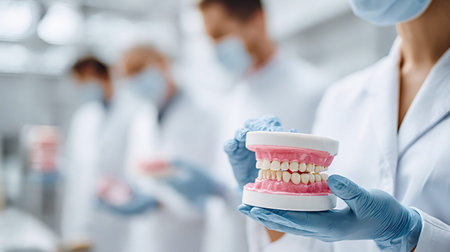 Dentist holding an open jaw dental model with gums and teeth, explaining oral hygiene to a group of...