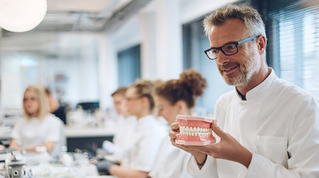 Experienced dentist instructor is holding a dental model. Explaining tooth anatomy and oral health concepts during a training session for concentrating young students in a university dentistry courseの写真素材