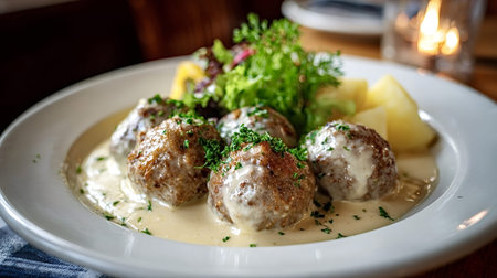 Swedish meatballs on a white plate with creamy gravy, boiled potatoes and a fresh green salad,...