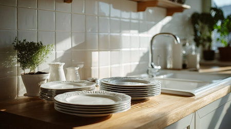 Clean white plates stacking on a wooden countertop next to a kitchen sink and a small potted plant, with morning sun casting shadows on white wall tilesの写真素材