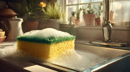 Yellow and green sponge covered in white soap suds sitting in a clean kitchen sink, illuminated by...