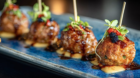 Meatballs arranged on a textured blue plate, glazed with a rich sauce, garnished with fresh...