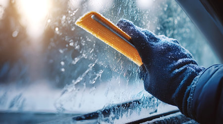 Person in a warm glove clearing a car windshield of thick frost and ice with an orange scraper...
