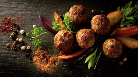 Cooked beef or pork meatballs serving with fresh herbs, colorful vegetables, and various ground...