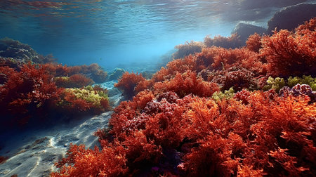 Red coral and green algae growing on the shallow ocean floor, forming a vibrant underwater marine...