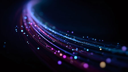 Dynamic light streams and bokeh particles representing high speed digital data transfer,...