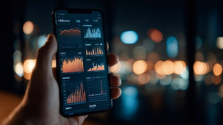 Person holding a smartphone displaying various charts and graphs representing business data and...