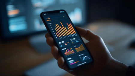 Hand holding a modern smartphone with a financial investing application showing charts, graphs, and...