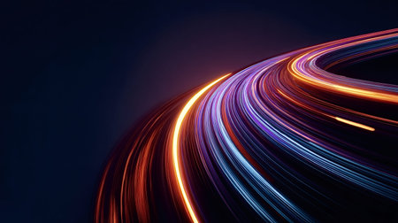 Abstract technology background showing colorful glowing light trails and lines, representing...