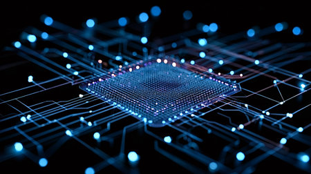 Futuristic microchip transmitting and receiving data via glowing blue circuit lines on a dark...