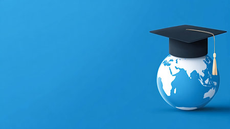 Globe wearing a graduation cap symbolizing international learning, worldwide university studies, and the broad reach of academic achievement and global knowledge on a blue backgroundの写真素材