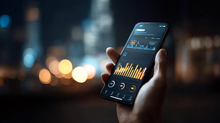 Hand holding a smartphone displaying a financial data analysis application with charts and graphs,...