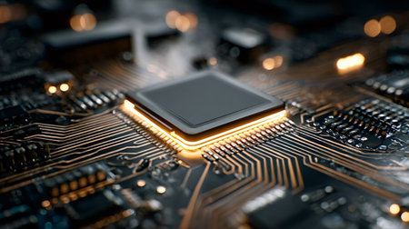 Central processing unit on a dark circuit board glowing with orange light, symbolizing advanced...