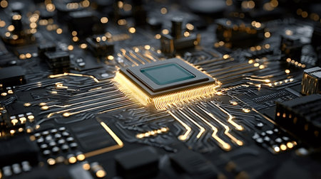 Central processing unit - cpu - illuminating with golden light on a dark computer motherboard,...