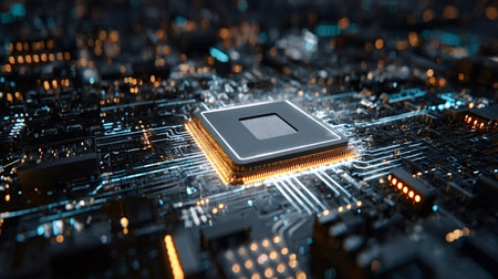 Cpu microchip processing digital data, illuminating a circuit board with shimmering blue and orange lights, symbolizing advanced technology, artificial intelligence, and global networksの写真素材