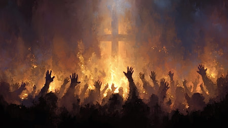 Silhouetted crowd raising hands in worship and prayer towards a glowing cross engulfed in fiery...