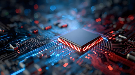 Central processing unit on a dark electronic circuit board, illuminated with glowing red and blue...