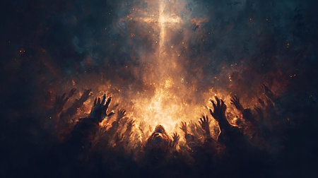 Hands of struggling souls reaching towards a glowing cross emerging from a fiery abyss, depicting...