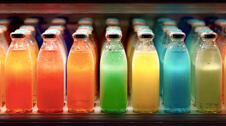 Rows of vibrant, cold drinks in clear glass bottles with condensation, showcasing a refreshing selection of colorful liquid, creating an inviting display for consumersの写真素材