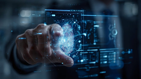 Person's hand interacting with a holographic screen, scanning a glowing fingerprint for secure...
