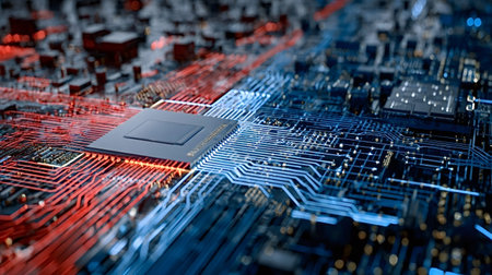 Central processor connecting to a complex circuit board with illuminated red and blue traces, representing data flow, advanced computing, and digital technology processing informationの写真素材