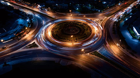 Night city roundabout creating vibrant light trails from moving traffic, showcasing urban motion,...