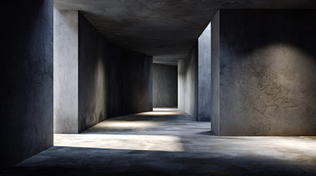 Concrete corridor featuring abstract architecture and minimalist design, an empty indoor space with...
