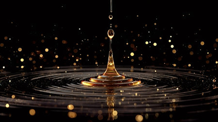 Golden viscous drop falling onto dark surface, creating dynamic splash and ripples with glowing...