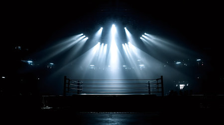 Empty boxing ring awaiting a professional fight or competition, with powerful spotlights shining down onto the center of the dark stadium arena providing a dramatic atmosphereの写真素材