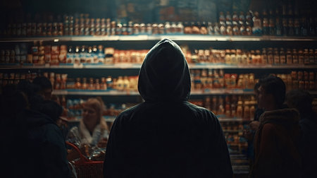 Hooded figure stands silhouetted in a dimly lit supermarket aisle, observing colorful product...