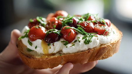 Hand holding fresh bruschetta topped with creamy ricotta, sweet cherry tomatoes, aromatic basil, and a drizzle of golden honey, presenting a flavorful and healthy gourmet snack or appetizerの写真素材