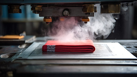 Industrial heat press machine applying heat and steam to a folded red textile fabric, creating the...